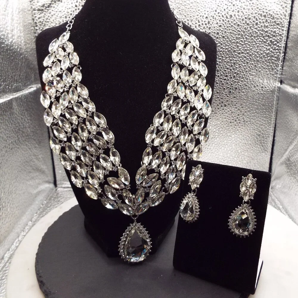 OSCAR WORTHY MASSIVE CRYSTAL MARQUISE & TEARDROP RHINESTONES NECKLACE SET B - Picture 2 of 8